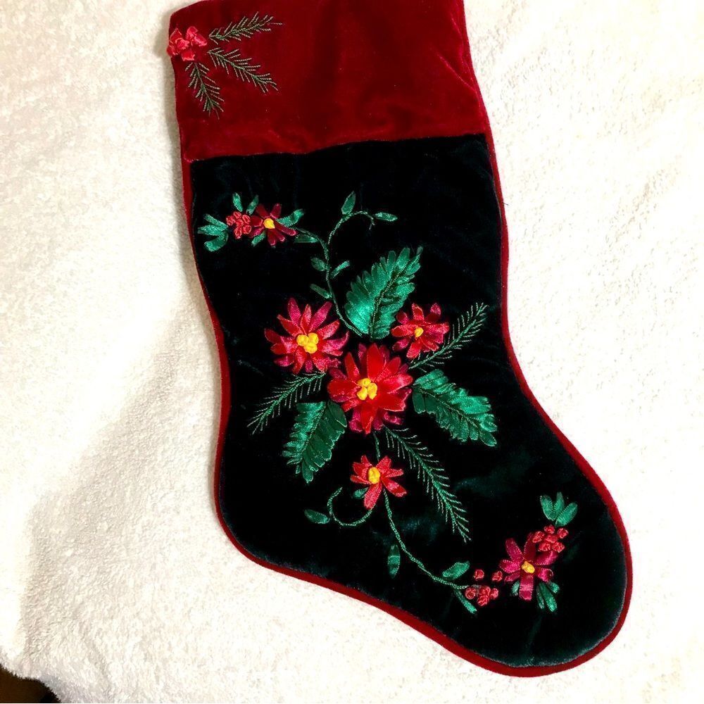 Poinsettias Velvet Embroidered Christmas Stocking